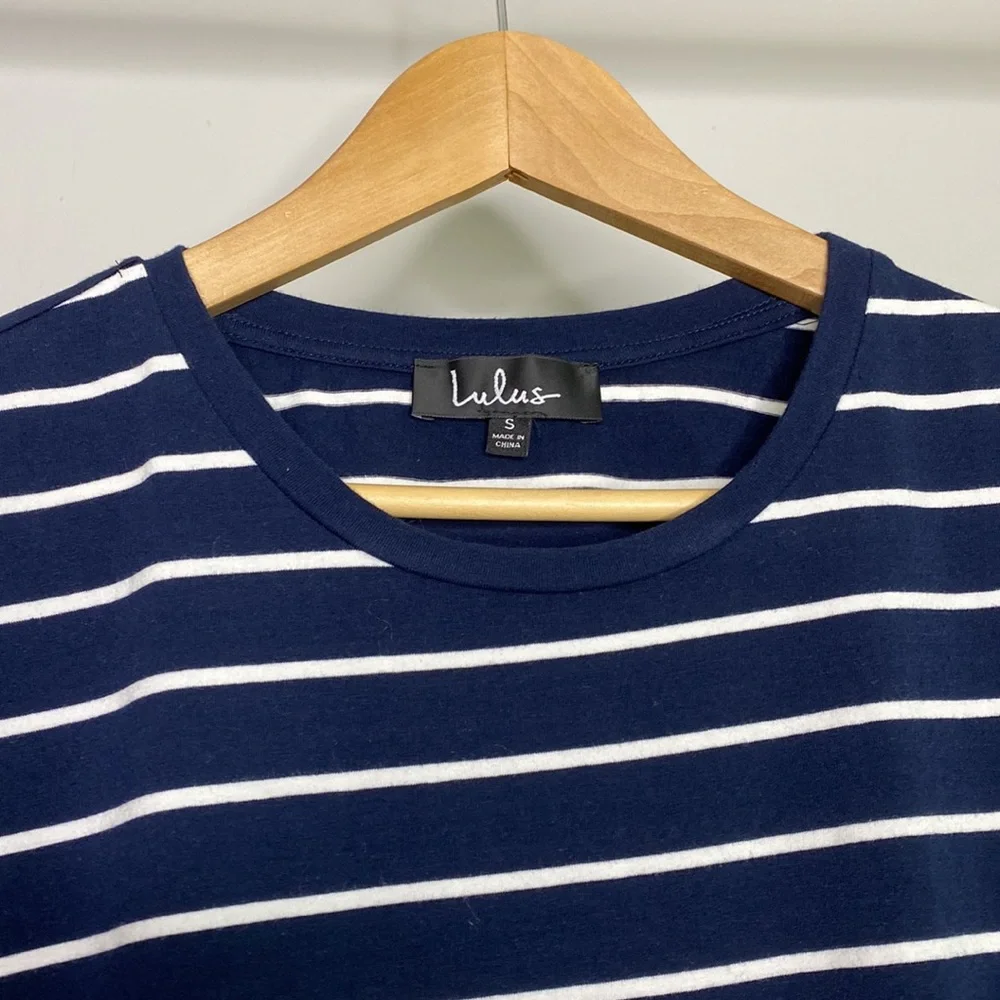 Lulu’s Cafe Society Navy Blue Striped Shirt Dress - Picture 4 of 10